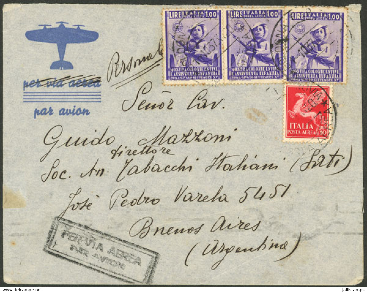 ITALY: 1/OC/1937 Bologna - Argentina, Airmail Cover Franked With 13L. Including 3x 1L. "Summer Colonies, Children" (Sc.C - Unclassified