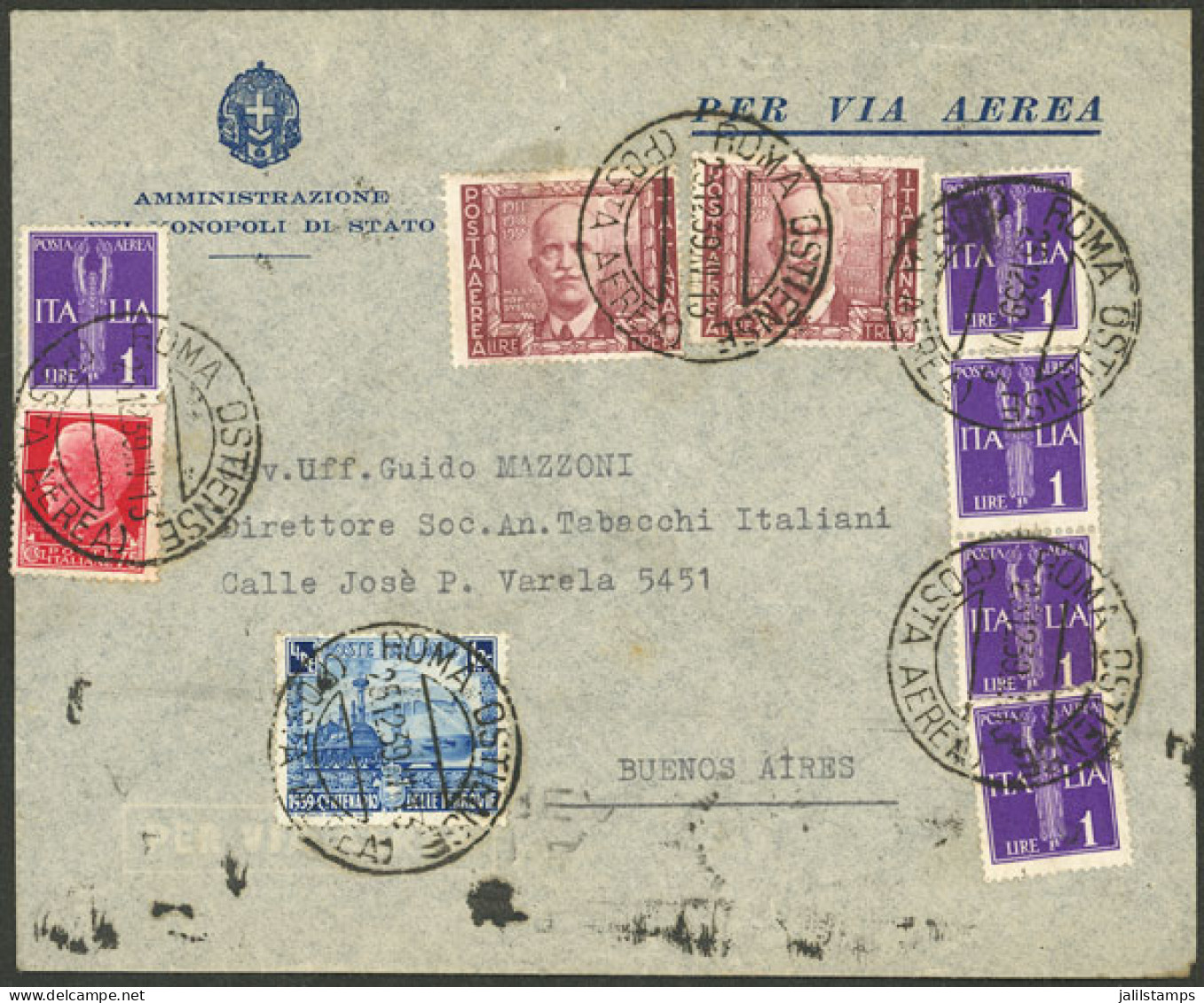 ITALY: 25/DE/1939 Roma - Argentina, Airmail Cover Franked With 13L. Including 2x 3L. "Proclamation" (Sc.C104), Arrival B - Unclassified