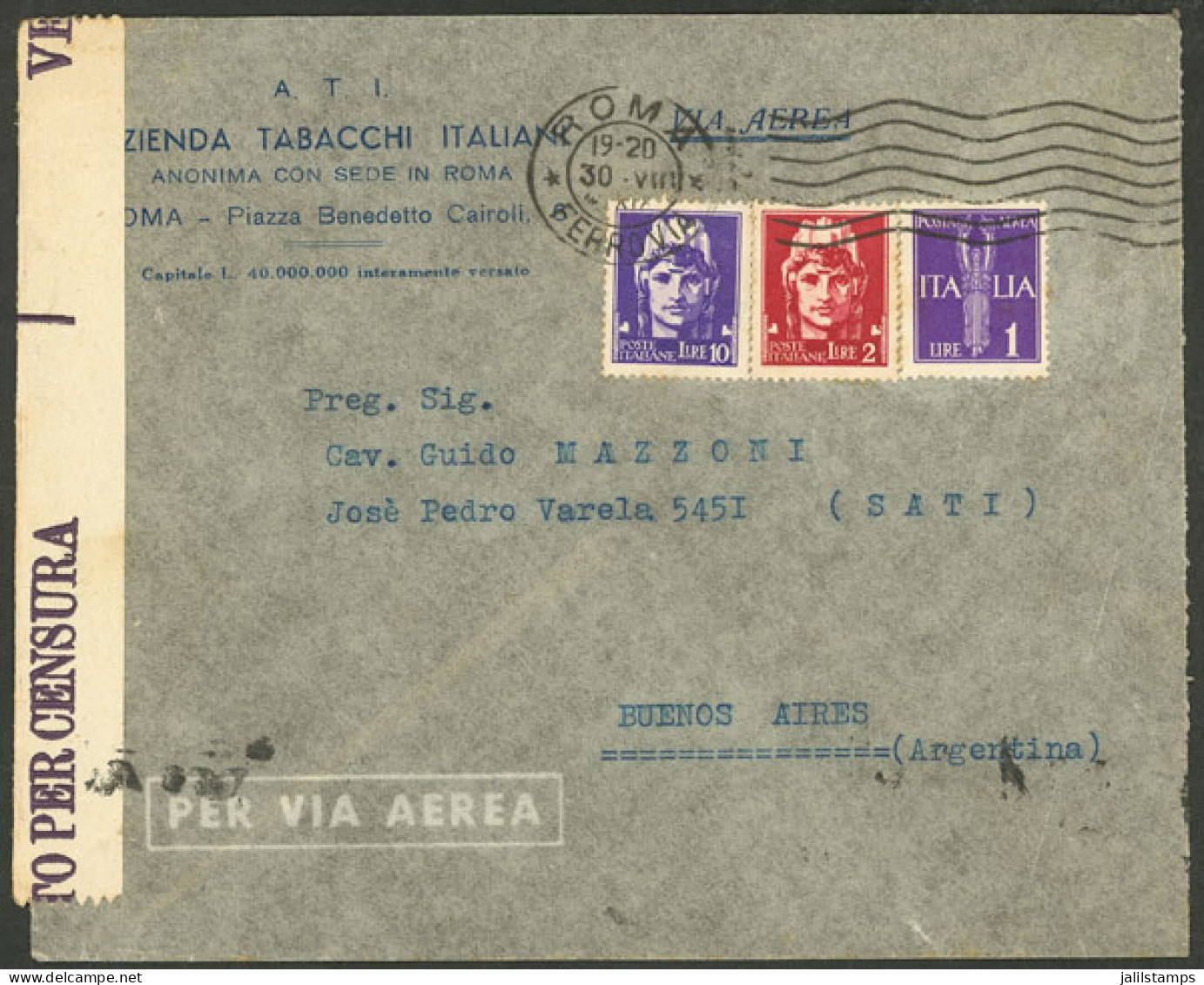 ITALY: 30/AU/1942 Roma - Argentina, Airmail Cover (LATI) Franked With 13L., Censor Marks And Label, On Back Arrival Mark - Ohne Zuordnung