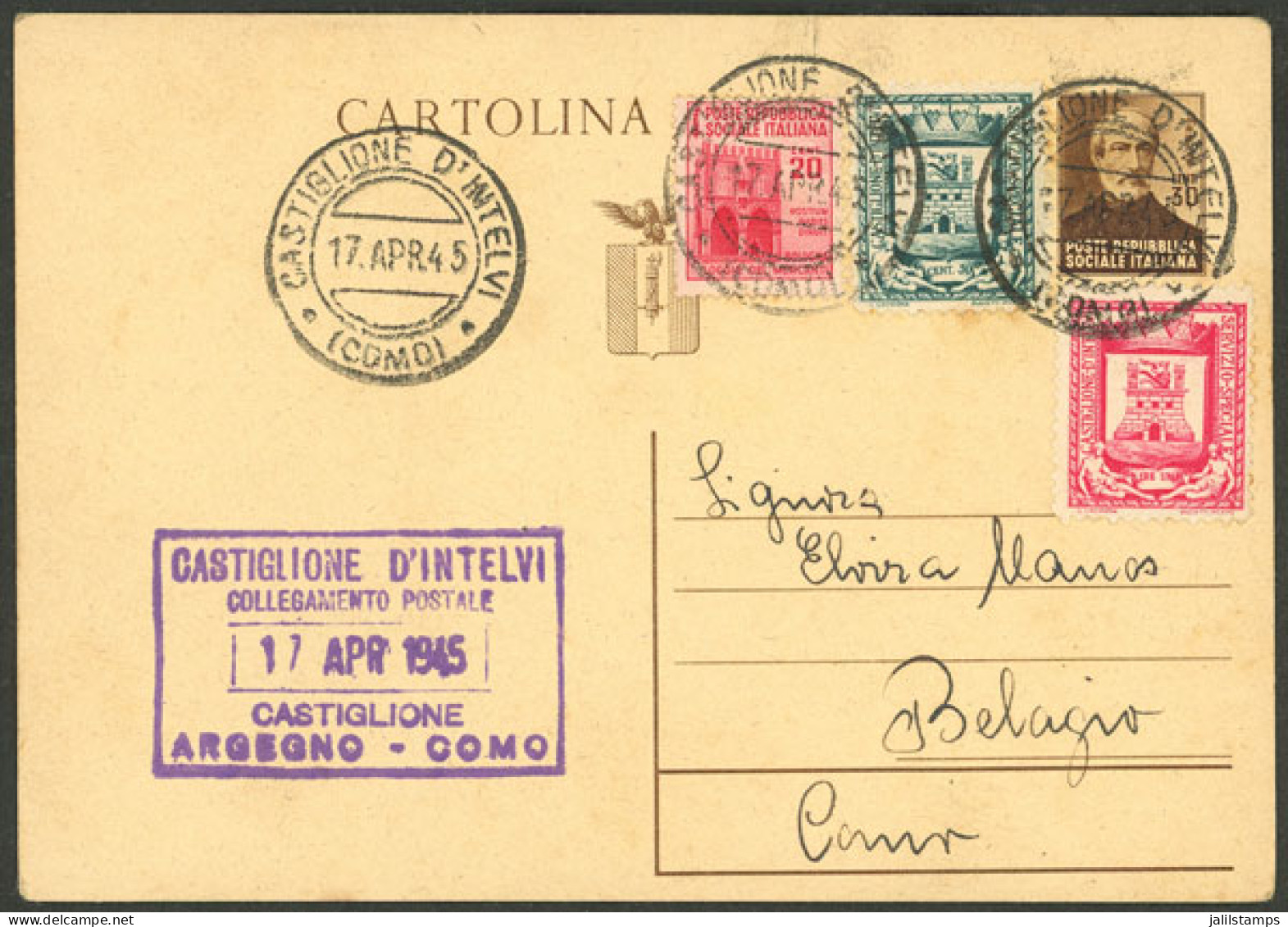 ITALY: 17/AP/1945 Castiglione D'Intelvi - Como, 30c. Postal Card Of The R.S.I. Uprated With Local Stamps Of Castiglione  - Non Classés