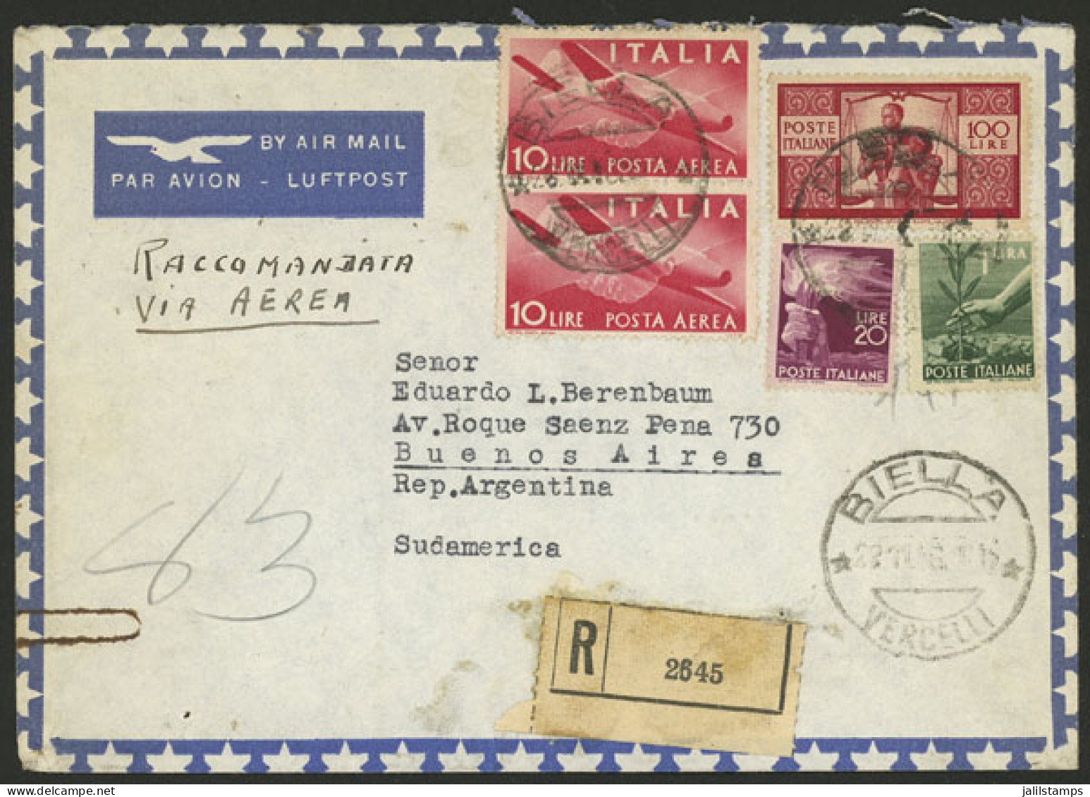 ITALY: 28/NO/1946 Biella - Argentina, Registered Airmail Cover Franked With 141L. Including One 100L. Red Democratica, T - Unclassified