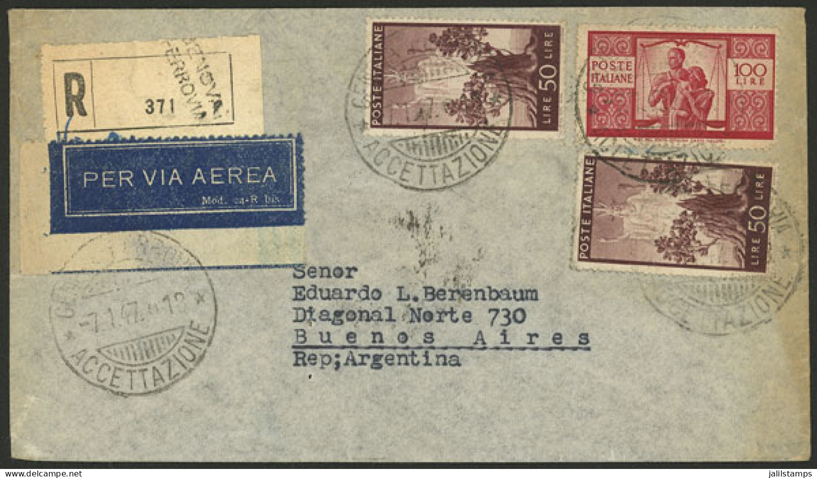 ITALY: 7/JA/1947 Genova - Argentina, Registered Airmail Cover Franked With 200L. Including One 100L. Red "Democratica",  - Non Classés