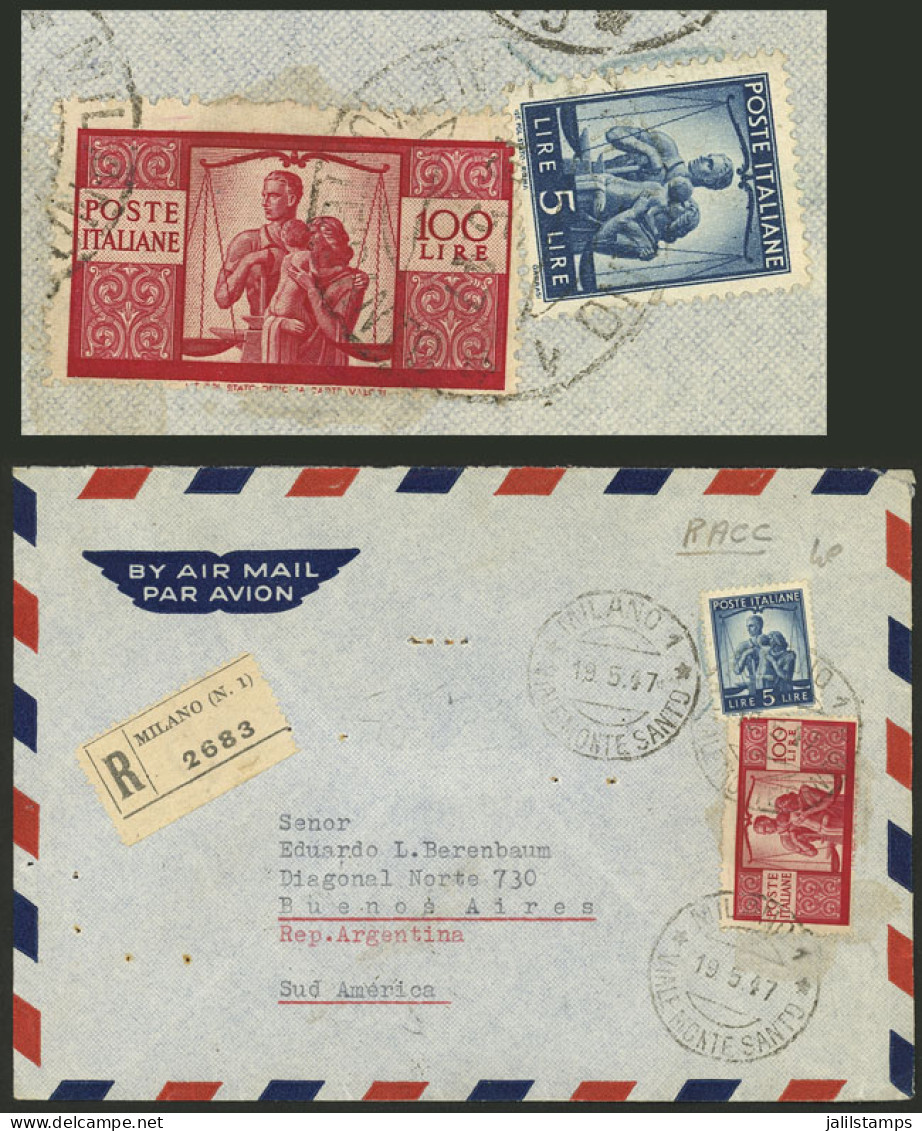 ITALY: 19/MAY/1947 Milano - Argentina, Registered Airmail Cover Franked With 105L. Including One 100L. Red Democratica,  - Unclassified