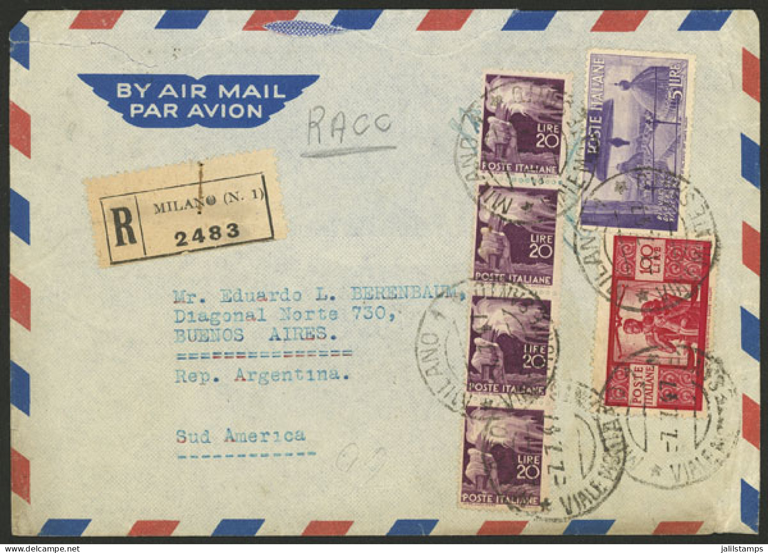 ITALY: 7/JUL/1947 Milano - Argentina, Airmail Cover Franked With 185L. Including One 100L. Red Democratica, VF! - Unclassified