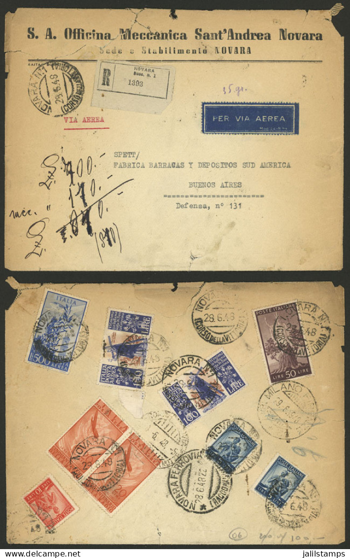 ITALY: 28/JUN/1948 Novara - Argentina, Registered Airmail Cover With Spectacular Postage Of 810L. On Back, Including 2x  - Unclassified