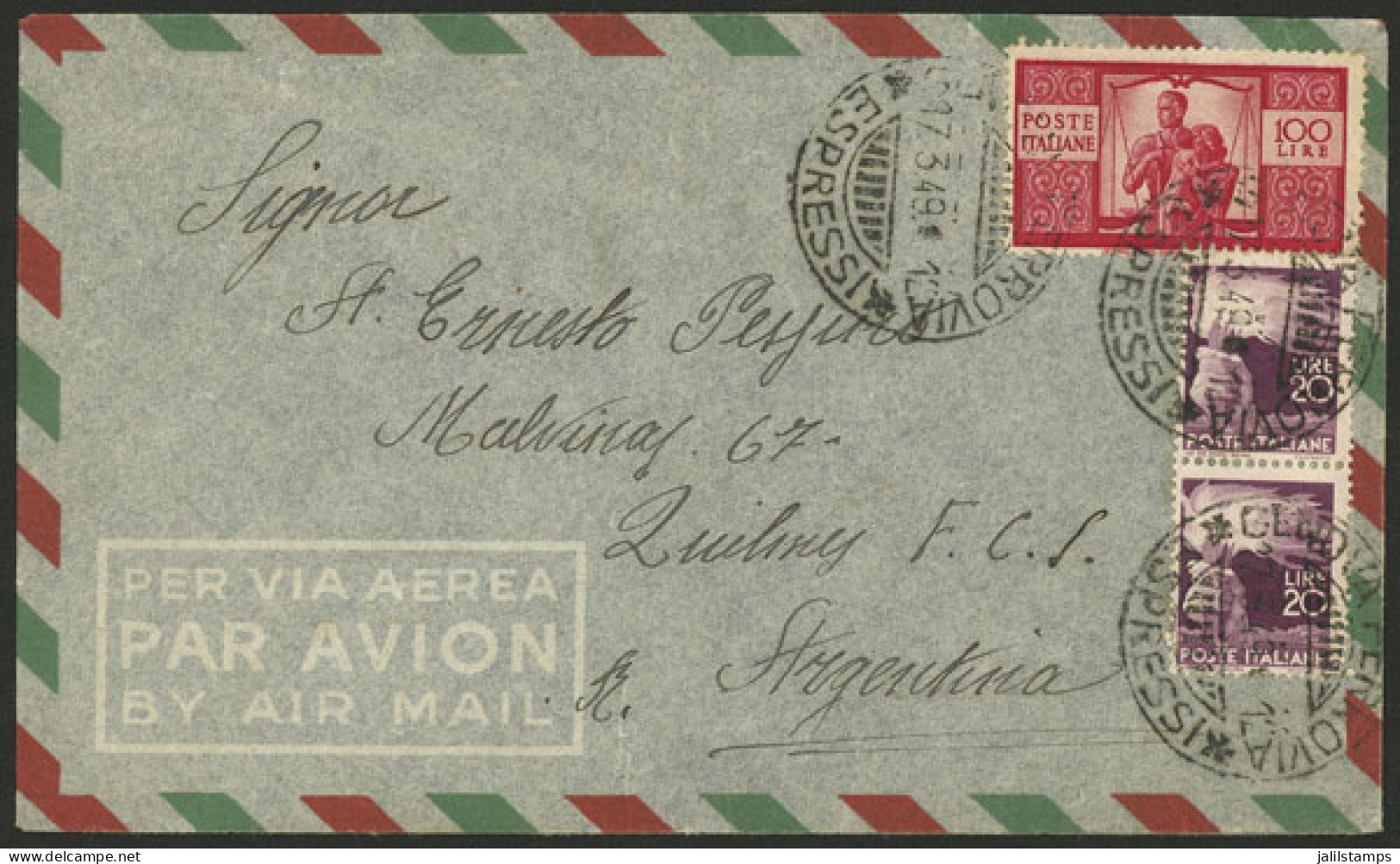 ITALY: 17/MAR/1949 Genova - Argentina, Airmail Cover Franked With 140L. Including One 100L. Red Democratica, VF! - Non Classés