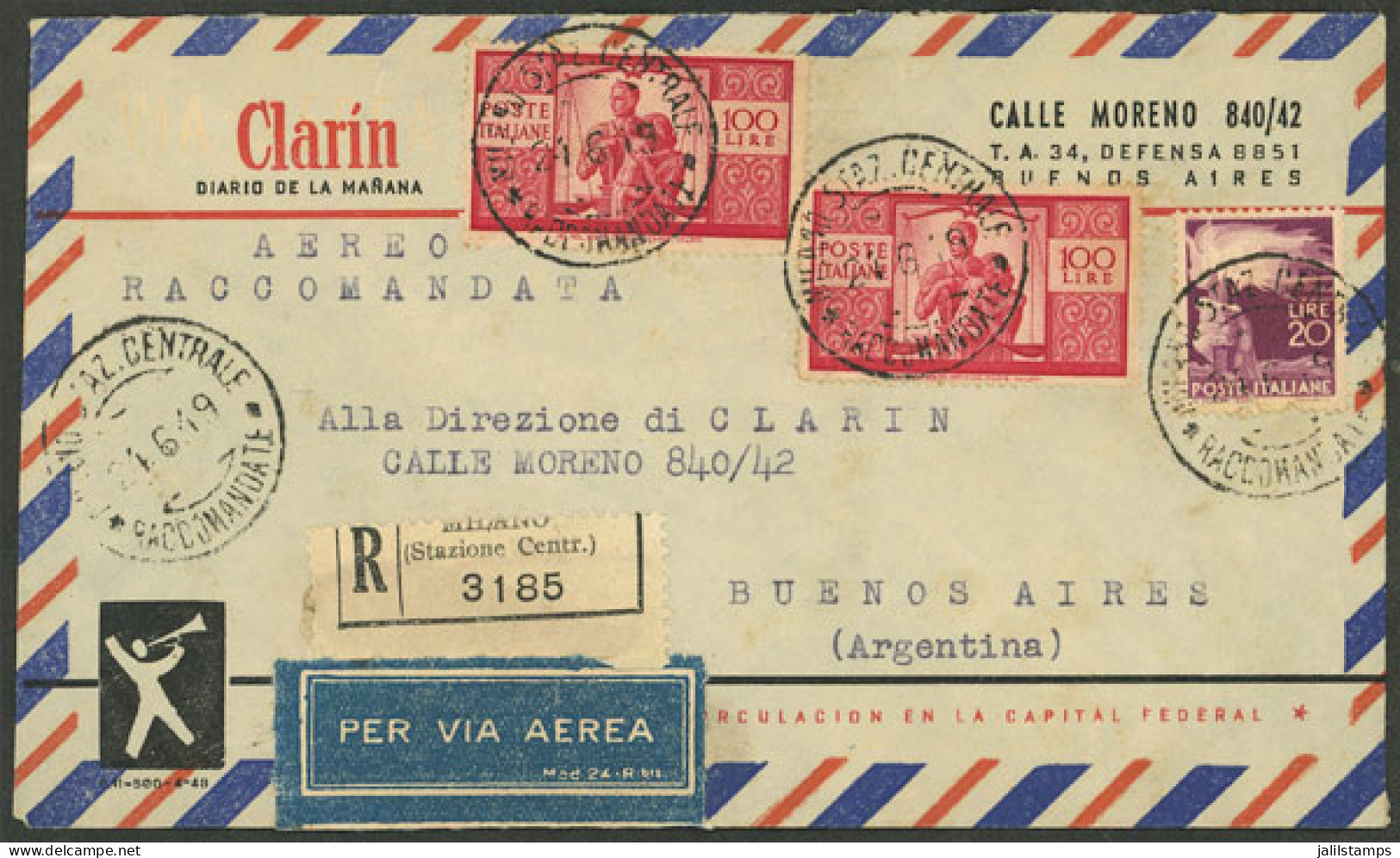 ITALY: 25/JUN/1949 Milano - Argentina, Registered Airmail Cover With Very Nice Postage Of 220L., Very Fine Quality! - Non Classés