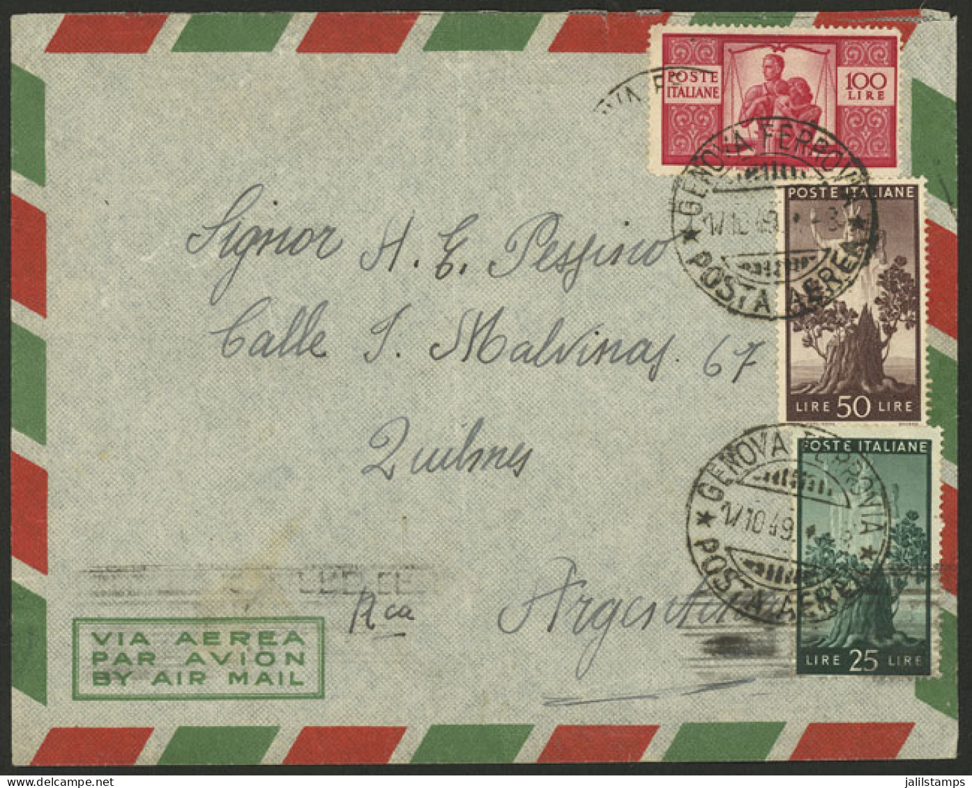 ITALY: 17/OC/1949 Genova - Argentina, Airmail Cover Franked With 175L. Including One 100L. Red Democratica, Arrival Back - Non Classés