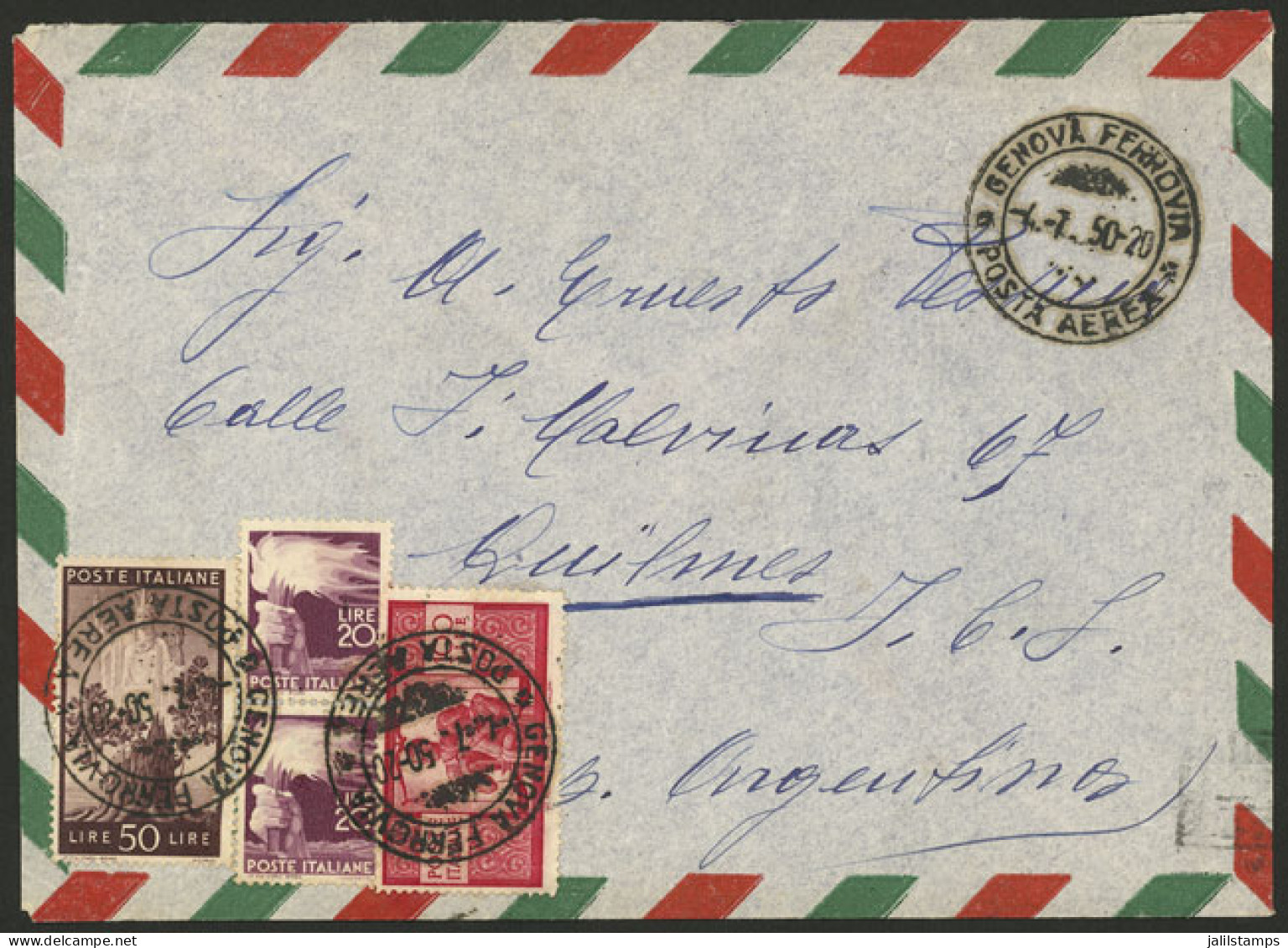 ITALY: 4/JUL/1950 Genova - Argentina, Airmail Cover Franked With 190L. Including One 100L. Red Democratica, VF! - Non Classés