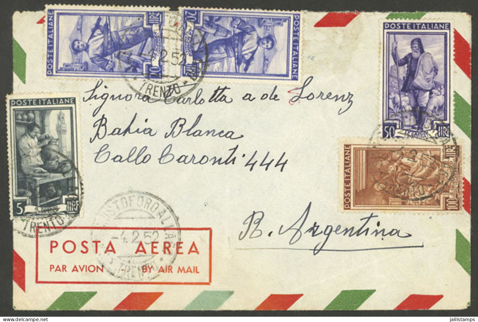 ITALY: Airmail Cover Sent From Cristoforo Al Lago (Trento) To Argentina On 4/FE/1952, Franked With 195L, Handsome! - Non Classés