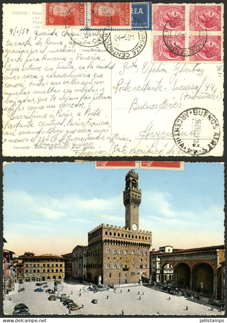 ITALY: MIXED POSTAGE: Postcard Sent From Firenze To Poste Restante In Buenos Aires On 9/JA/1959 With Original Postage Of - Non Classés