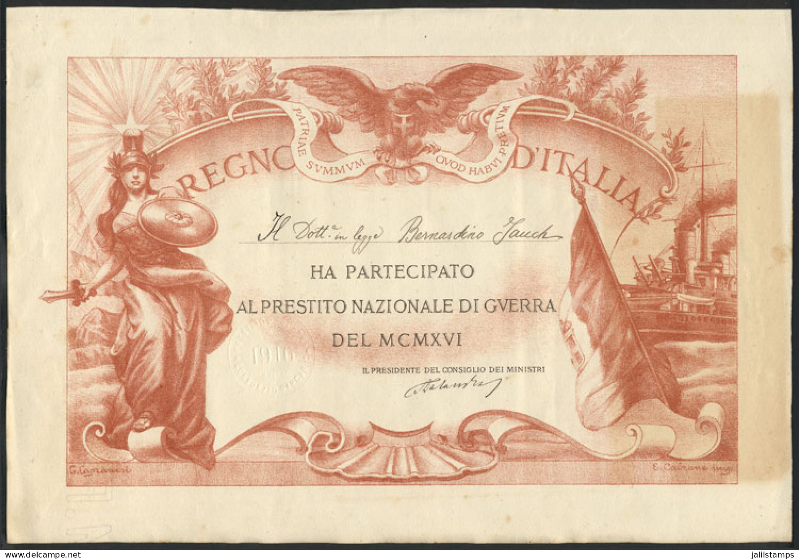 ITALY: Certificate Of The Year 1916 Of The National War Loan, Interesting! - Andere & Zonder Classificatie