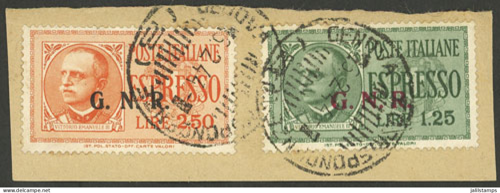 ITALIA - R.S.I.: Yvert 1/2, 1944 The Set Of 2 Values On Fragment Of Cover With Cancels Of Genova 16/FE/1944, VF Quality - Altri & Non Classificati