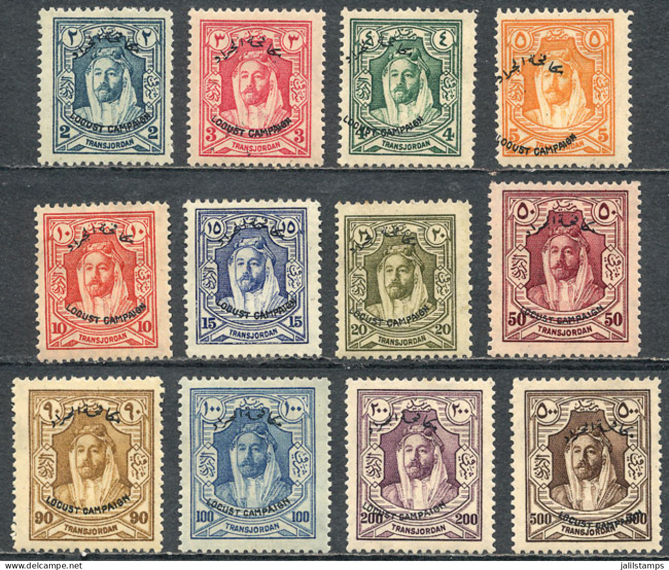 JORDAN: Sc.B1/B12, 1930 Locust, Cmpl. Set Of 12 Values With Overprint, Mint Lightly Hinged, Fine Quality, Catalog Value  - Jordan