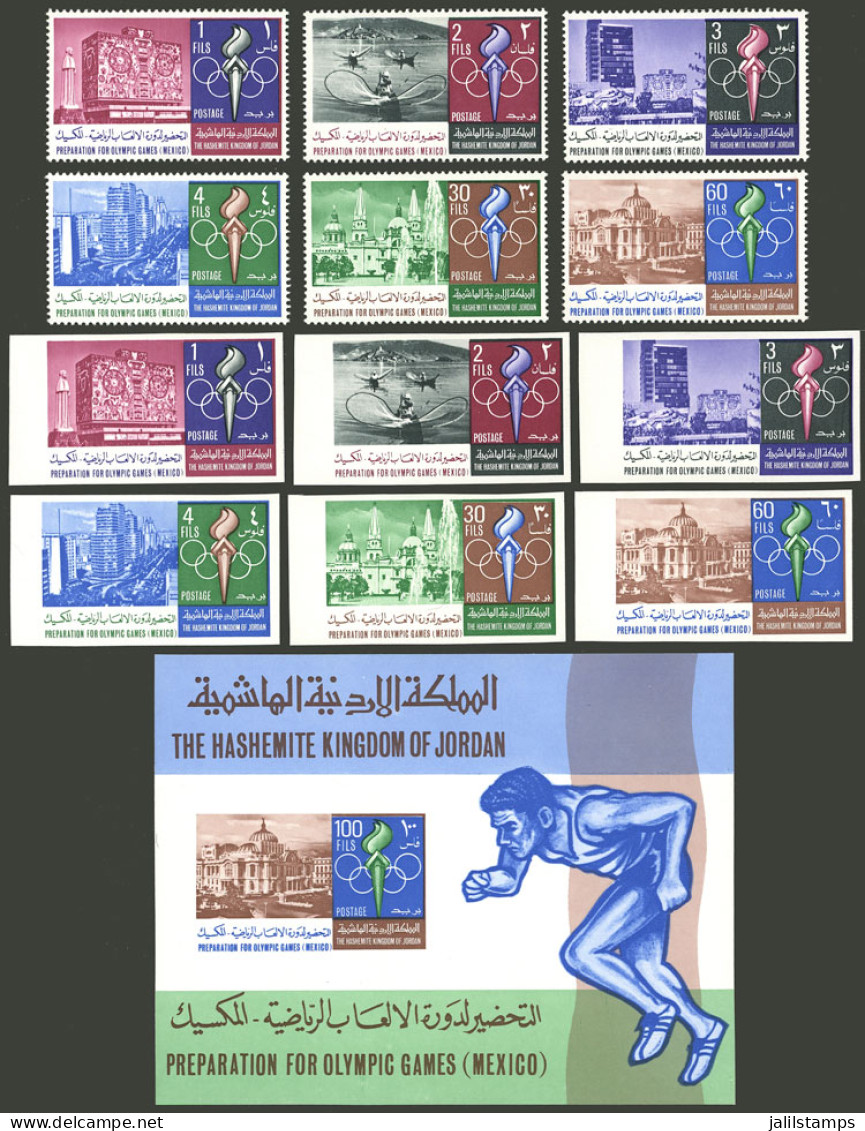 JORDAN: Sc.538/538R + 538F, 1967 Mexico Olympic Games, Complete Set Of 6 Perforated And IMPERFORATE Values + S.sheet, MN - Jordanie