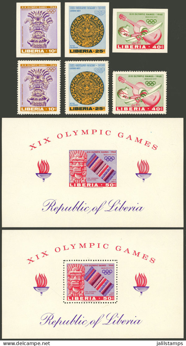 LIBERIA: Sc.483/485 + C181, 1968 Mexico Olympic Games, Complete Set Of 3 Values + Perforated And IMPERFORATE S.sheet, MN - Liberia