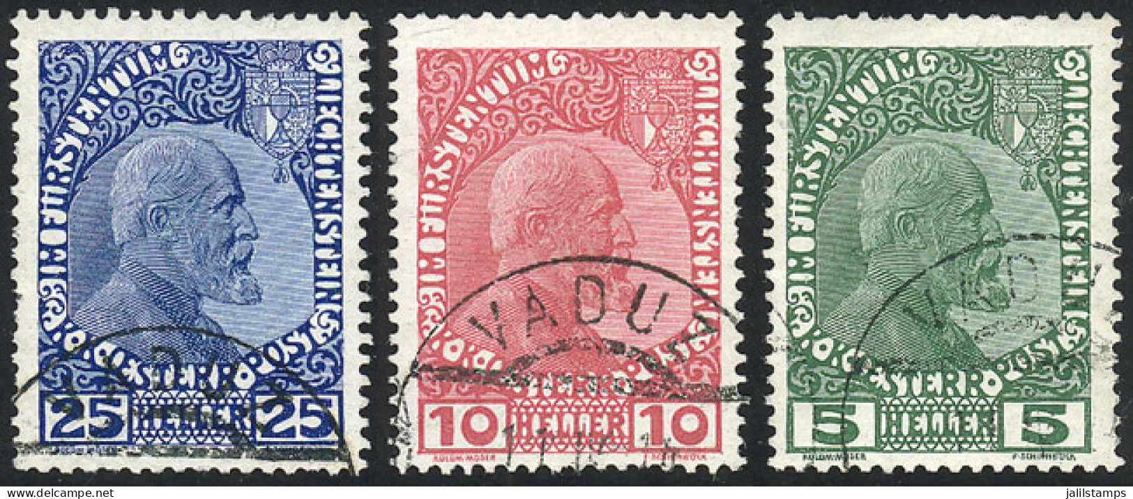 LIECHTENSTEIN: Sc.1/3, 1912 Cmpl. Set Of 3 Used Values, Printed On Thick Chalky Paper, VF Quality! - Autres & Non Classés