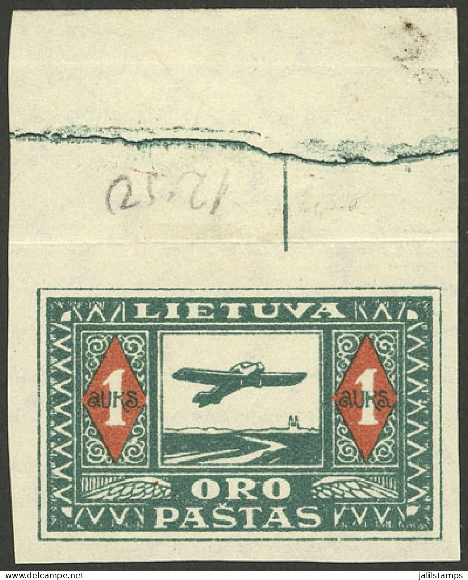 LITHUANIA: Sc.C5, 1921 1Auk. IMPERFORATE, With Wide Top Sheet Margin, MNH (with Hinge Mark In The Sheet Margin), VF! - Lithuania