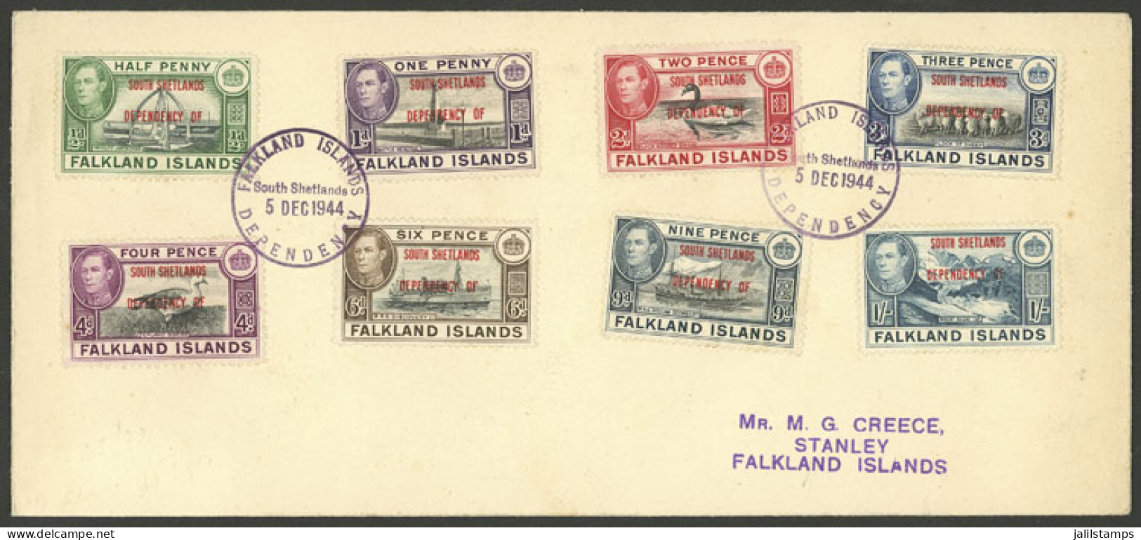 FALKLAND ISLANDS/MALVINAS - SOUTH SHETLANDS: Envelope With The Set Of 8 Overprinted Values Sent To Stanley, VF Quality! - Falklandinseln
