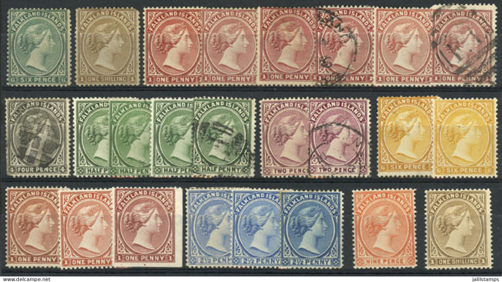 FALKLAND ISLANDS/MALVINAS: Sc.3 To 18 (not Consecutive), Lot Of 25 "Victorias" On A Stock Card, Used Or Mint Stamps (the - Falklandeilanden