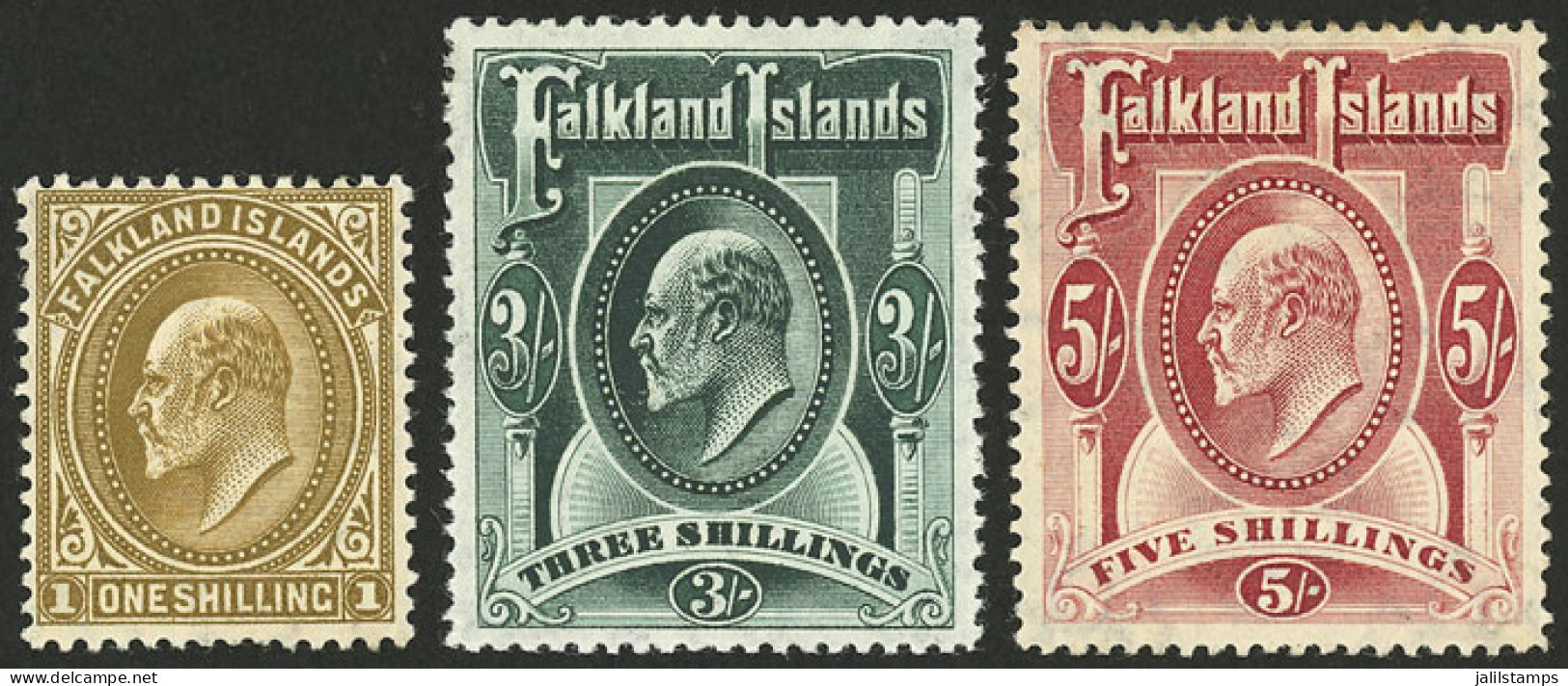 FALKLAND ISLANDS/MALVINAS: Sc.27/29, 1904/7 Edward VII, The 3 High Values Of The Set, Mint, Very Fine Quality (the 3S. W - Islas Malvinas