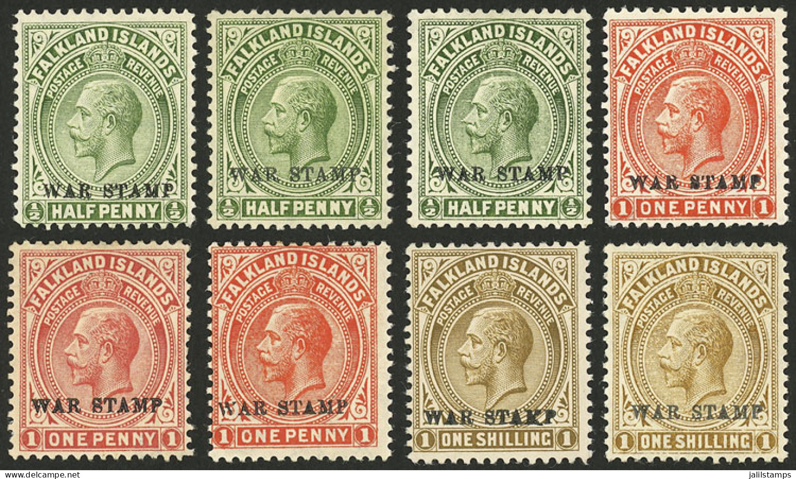 FALKLAND ISLANDS/MALVINAS: Sc.MR1/MR3, 1918/20 Stamps Overprinted "WAR STAMP", The Set Of 3 Values, We Include Several S - Falkland Islands