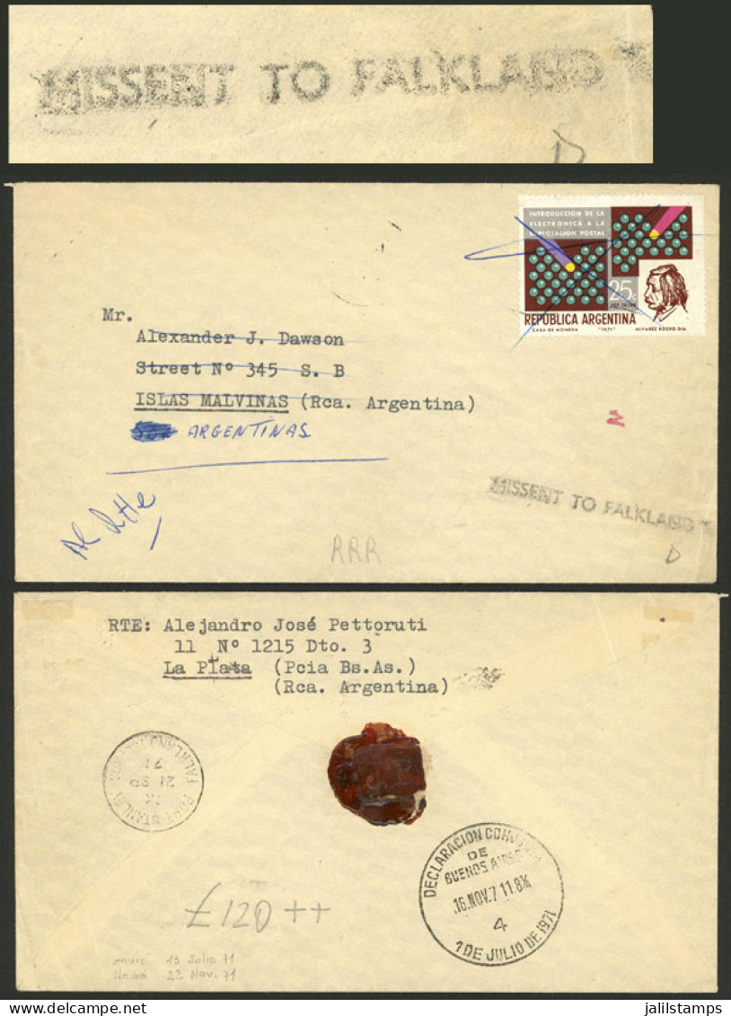 FALKLAND ISLANDS/MALVINAS: Cover Sent From La Plata To "Islas Malvinas (República Argentina)" Franked With 25c. Cancelle - Falkland