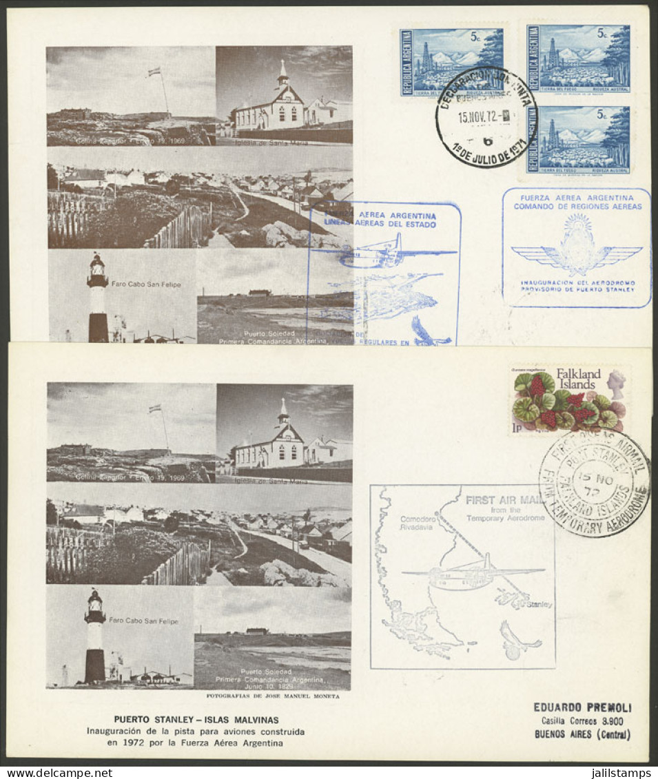 FALKLAND ISLANDS / MALVINAS: 2 Cards With Views Of The Falkland Islands, Commemorating The First Flight To The Temporary - Falkland