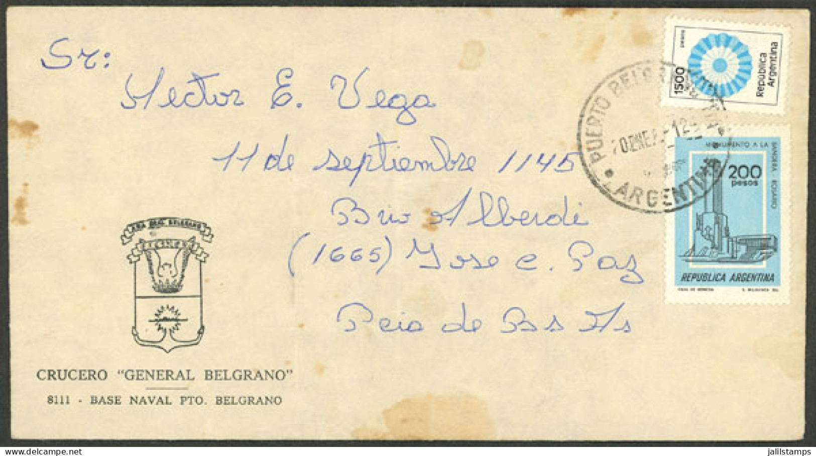 FALKLAND ISLANDS: FALKLANDS WAR: Cover With Cachet Of Cruiser ARA General Belgrano Sent From Its Naval Station In Puerto - Falklandinseln