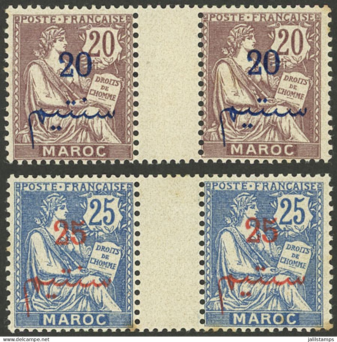 MOROCCO - FRENCH POST: Yvert 31b + 32b, 1911/7 Gutter Pairs Of The Values 20c. And 25c., The Right Stamps With VARIETY " - Other & Unclassified