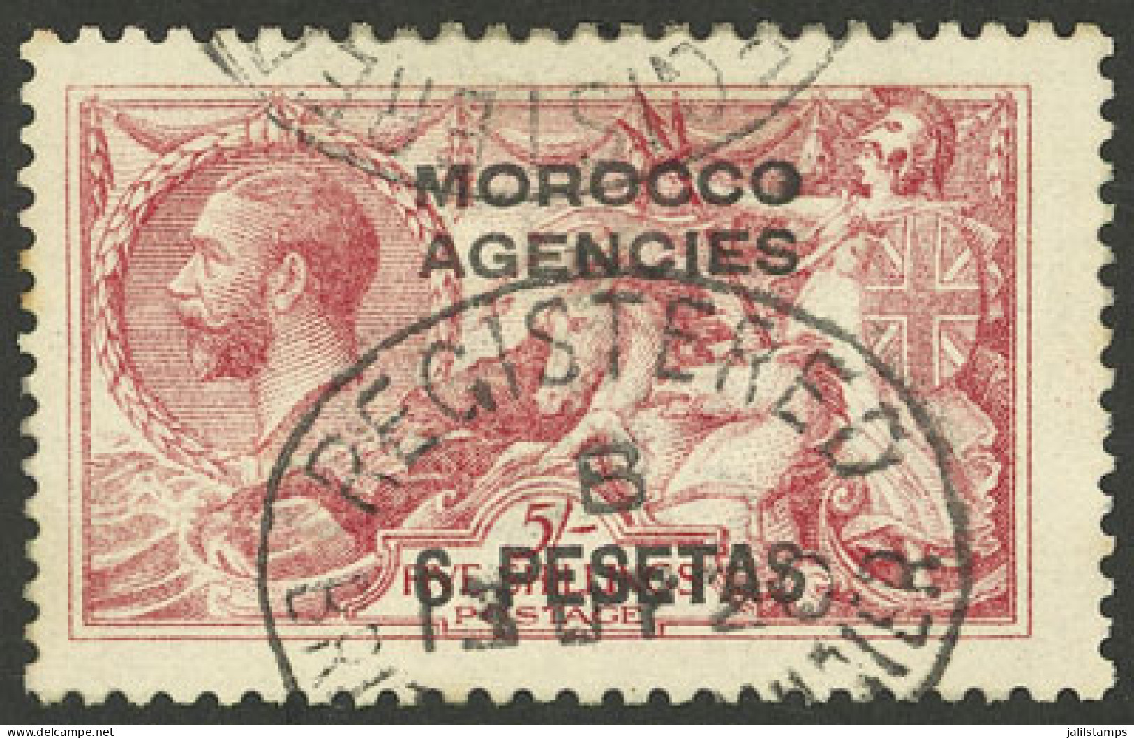 MOROCCO - BRITISH MAIL: Sc.56a, 1914/8 6 Pesetas On 5Sh. Light Carmine, Used, Excellent Quality! - Morocco Agencies / Tangier (...-1958)