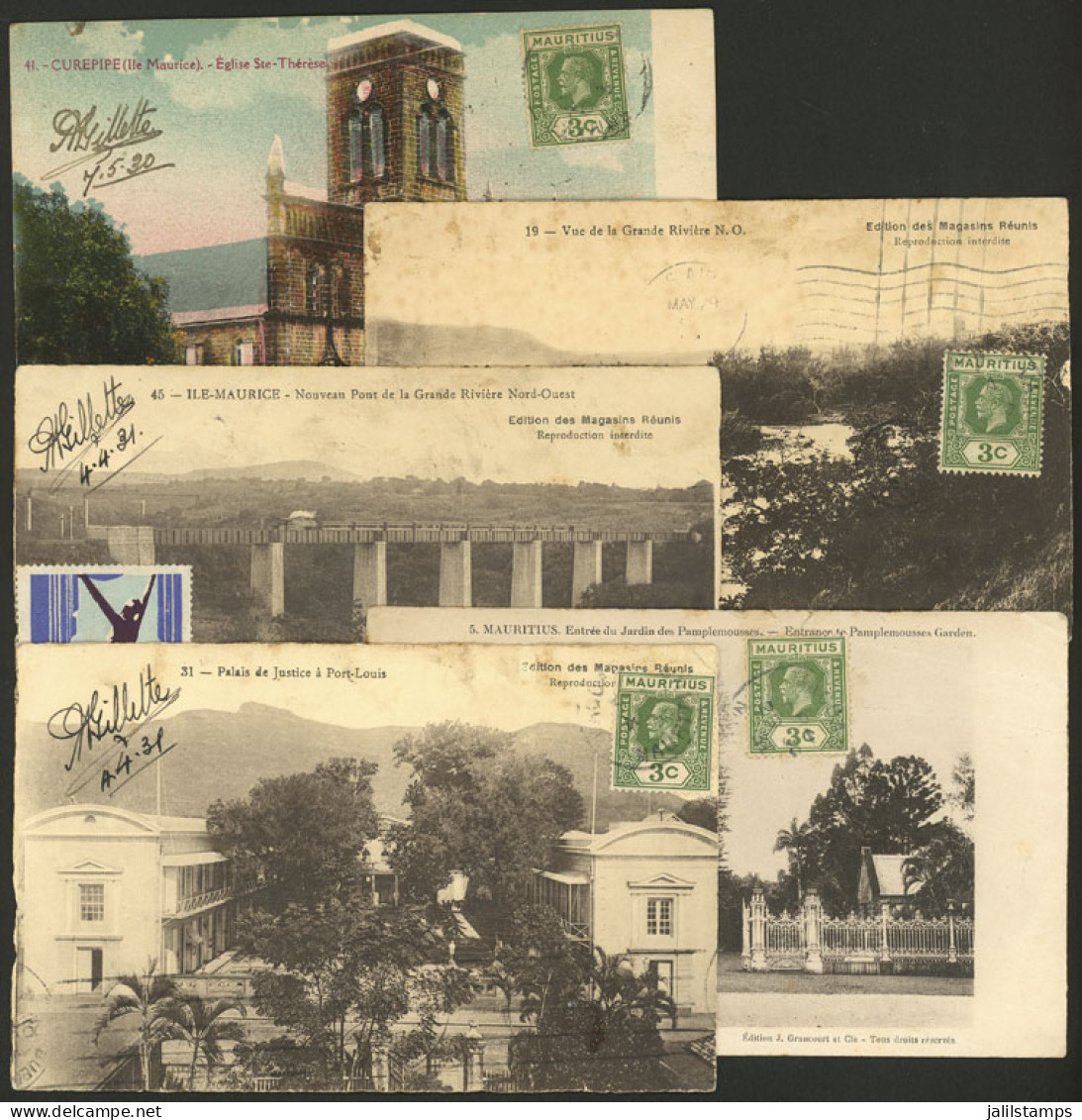 MAURITIUS: 5 Postcards Sent To Argentina In 1930/1, All Franked With 3c., Good Views, With Some Defects, Low Start! - Maurice (...-1967)