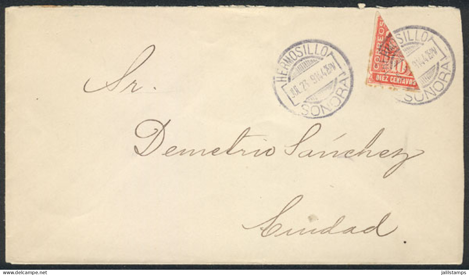 MEXICO: Cover Franked With BISECT Stamp Of 10c., Used In Hermosillo On 23/JUL/1914, VF! - Mexico