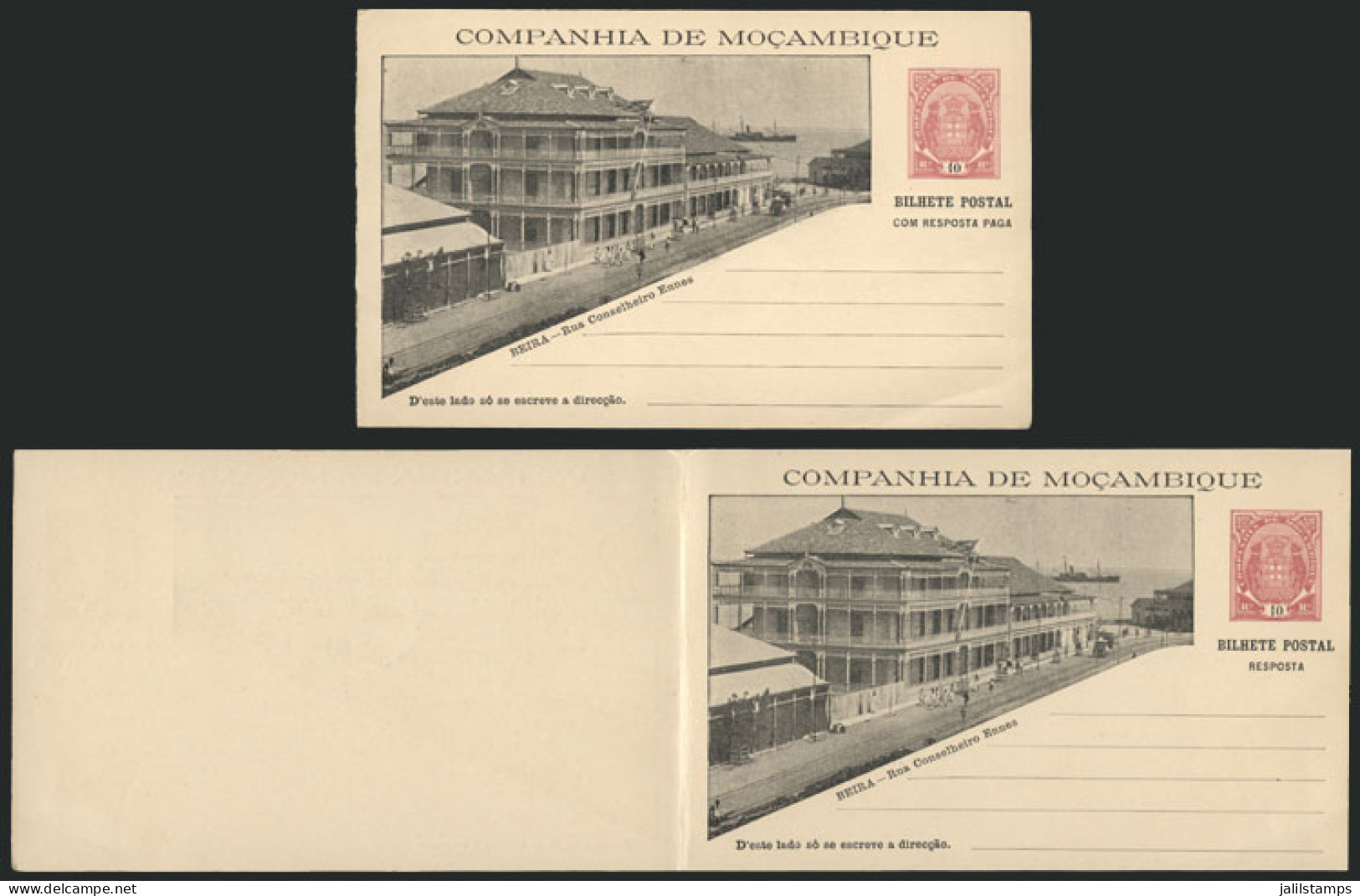 MOZAMBIQUE - COMPANY: Double Postal Card Of 1904 Of 10+10Rs. Illustrated With View Of "Beira - Rua Conselheiro Ennes", E - Mozambique