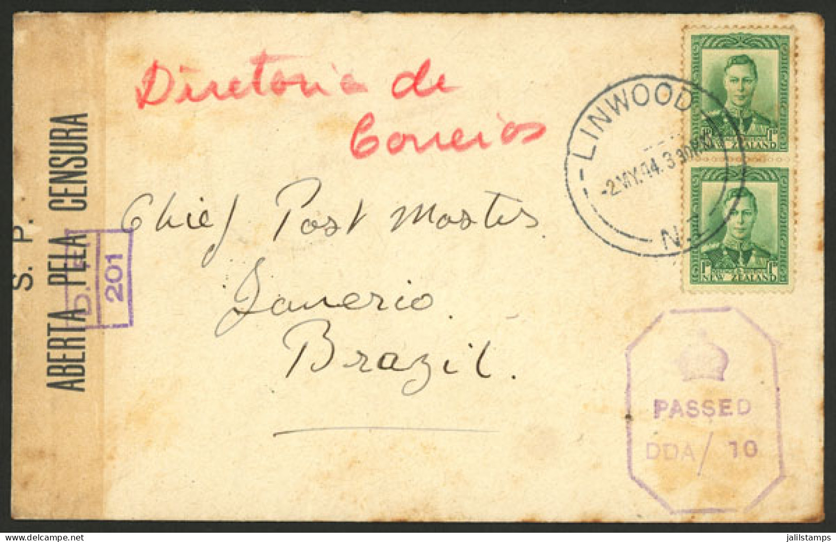 NEW ZEALAND: 2/MAY/1944 Linwood - Rio De Janeiro (Brazil), Cover Sent To The Chief Postmaster Franked With 2p. And With  - Other & Unclassified
