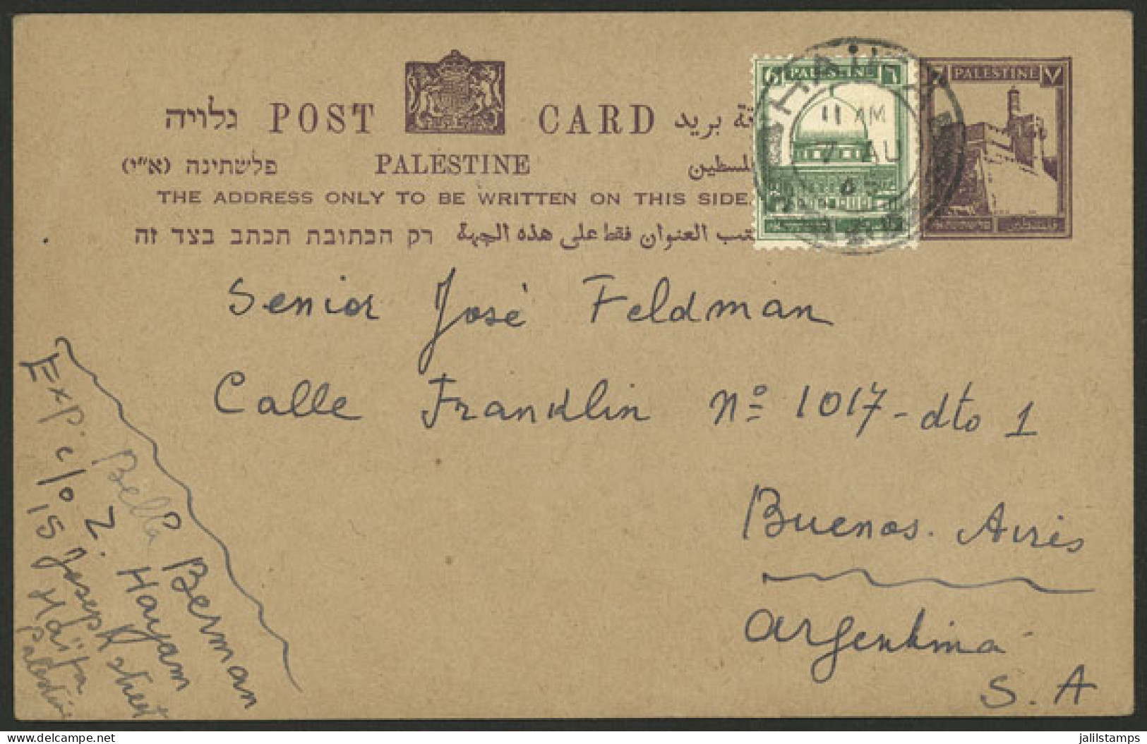 PALESTINE: Postal Card Sent From Haifa To Argentina On 7/AU/1945, Very Fine Quality! - Palestine