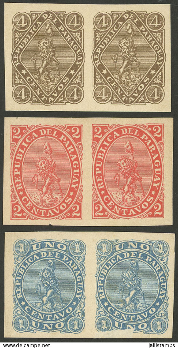 PARAGUAY: Sc.14a + 15b + 16a, 1881 Lion, Cmpl. Set Of 3 Values In IMPERFORATE PAIRS, They Are Possibly Proofs In The Iss - Paraguay