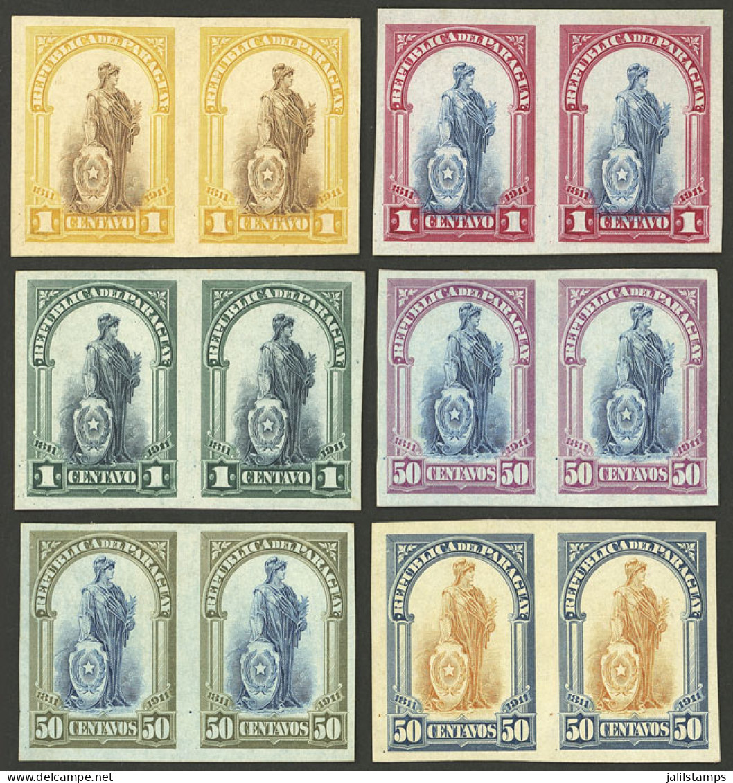 PARAGUAY: Sc.201 + 206, 1911 Republic 1c. And 50c., 3 COLOR PROOFS Of Each Value, Imperforate Pairs Printed On Card Of G - Paraguay