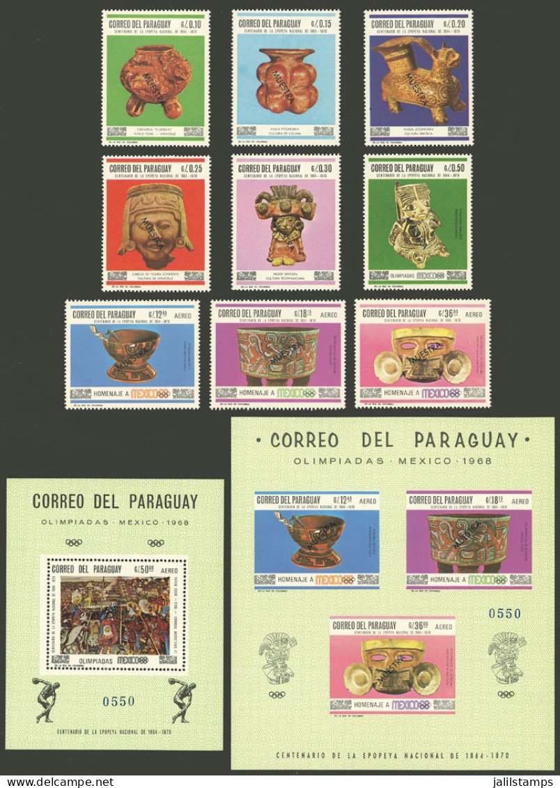 PARAGUAY: Sc.1060/1068 + 1069 + S.sheet Of 3 Imperforate Values, 1967 Mexico Olympic Games, Complete Set Of 9 Values + 2 - Paraguay