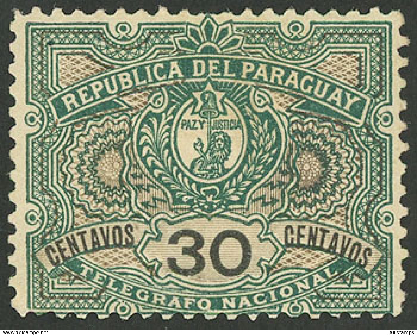 PARAGUAY: Yvert 3, 1892 30c. Green And Bistre, Mint Without Gum, VF And Rare! - Paraguay