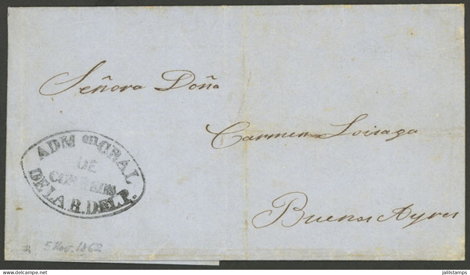 PARAGUAY: Folded Cover Sent To Buenos Aires (circa 1862), With Very Well Applied "ADMon. GRAL DE CORREOS DE LA R. DEL P. - Paraguay