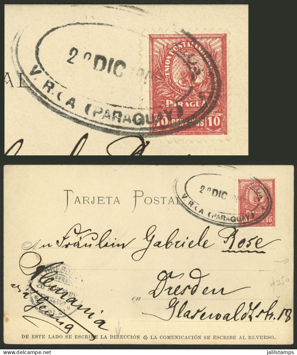 PARAGUAY: Real Photo Postcard Sent To Germany On 22/DE/1902, Franked With 10c., Spectacular Oval Cancel Of VILLA RICA, O - Paraguay