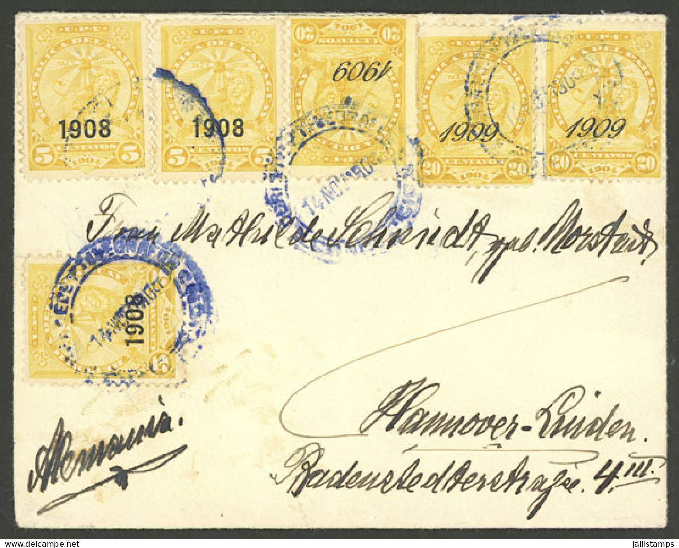 PARAGUAY: Cover Sent From Asunción To Germany On 14/NO/1909, Franked With 75c. Combining Stamps From The Overprinted Iss - Paraguay
