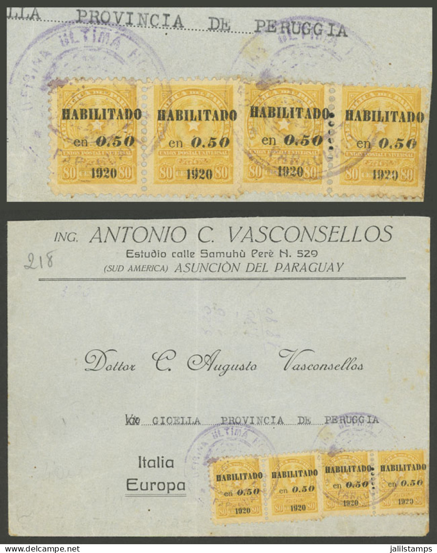 PARAGUAY: Cover Sent From Asunción To Italy In JUL/1920 Franked With 2P. And Attractive "ULTIMA HORA" Cancels, Arrival B - Paraguay