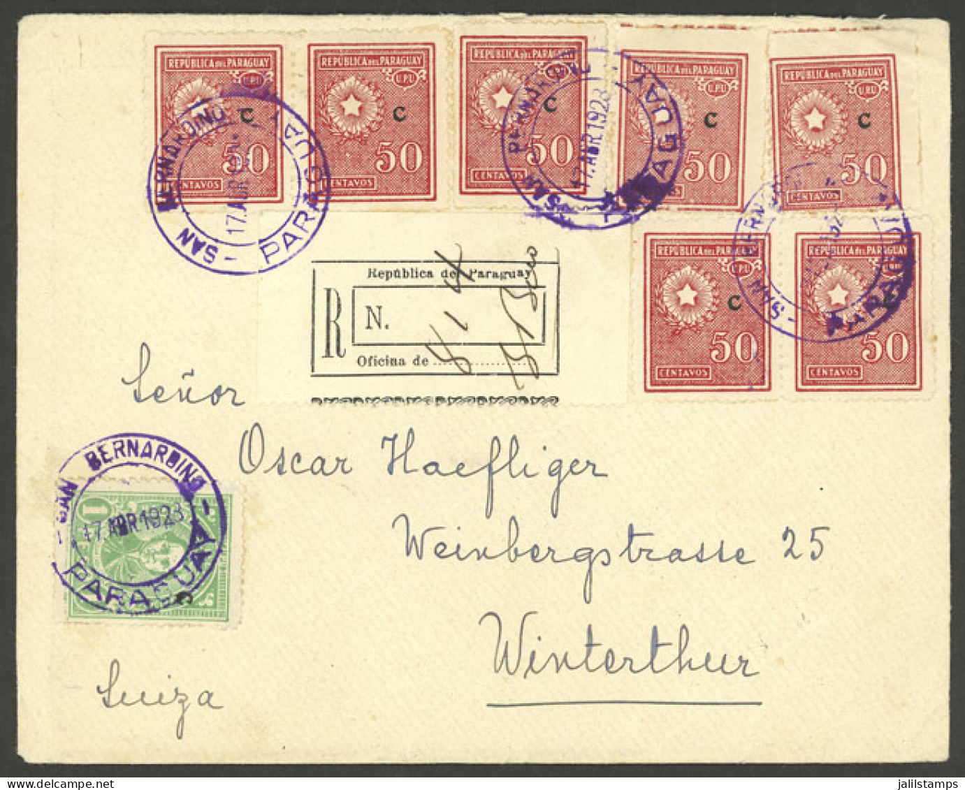PARAGUAY: 17/AP/1928 SAN BERNARDINO - Switzerland, Registered Cover Franked With 4.50P. And Nice Postmarks, With Transit - Paraguay