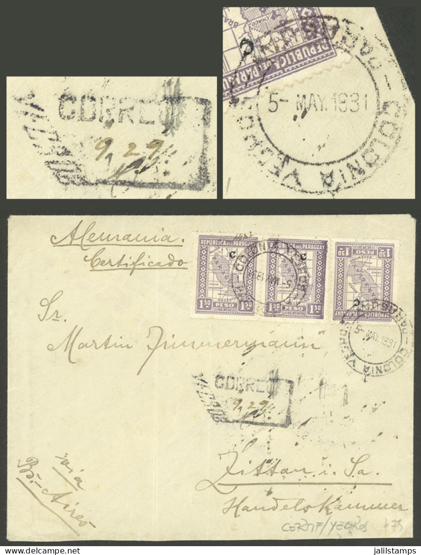 PARAGUAY: 5/MAY/1931 COLONIA YEGROS - Germany, Registered Cover Franked With 4.50P. And Rare Registration Mark, With Tra - Paraguay