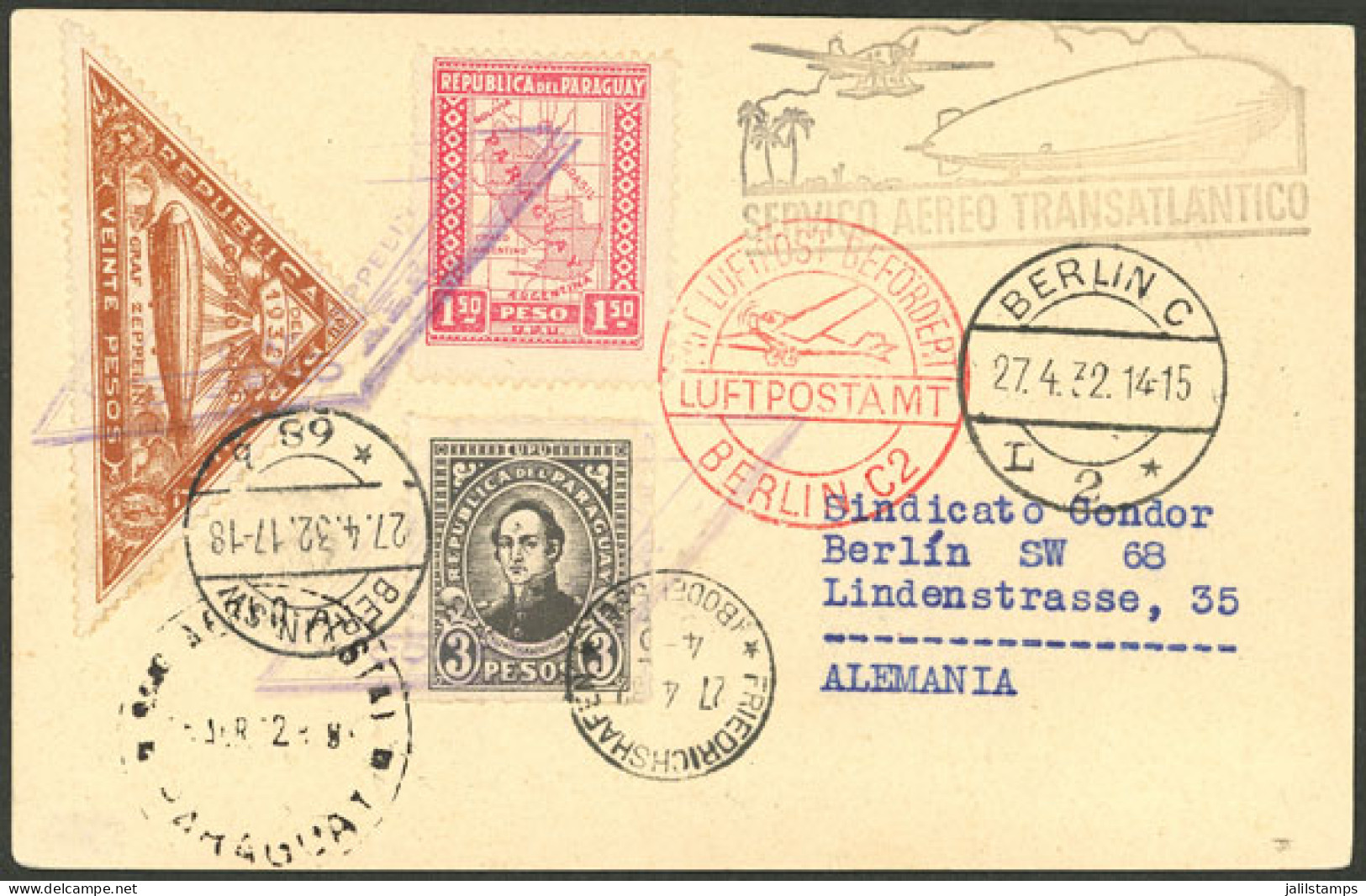 PARAGUAY: Card Sent By Registered Airmail By Zeppelin From Asunción To Germany, With Transit Mark Of Friedrichshafen 27/ - Paraguay