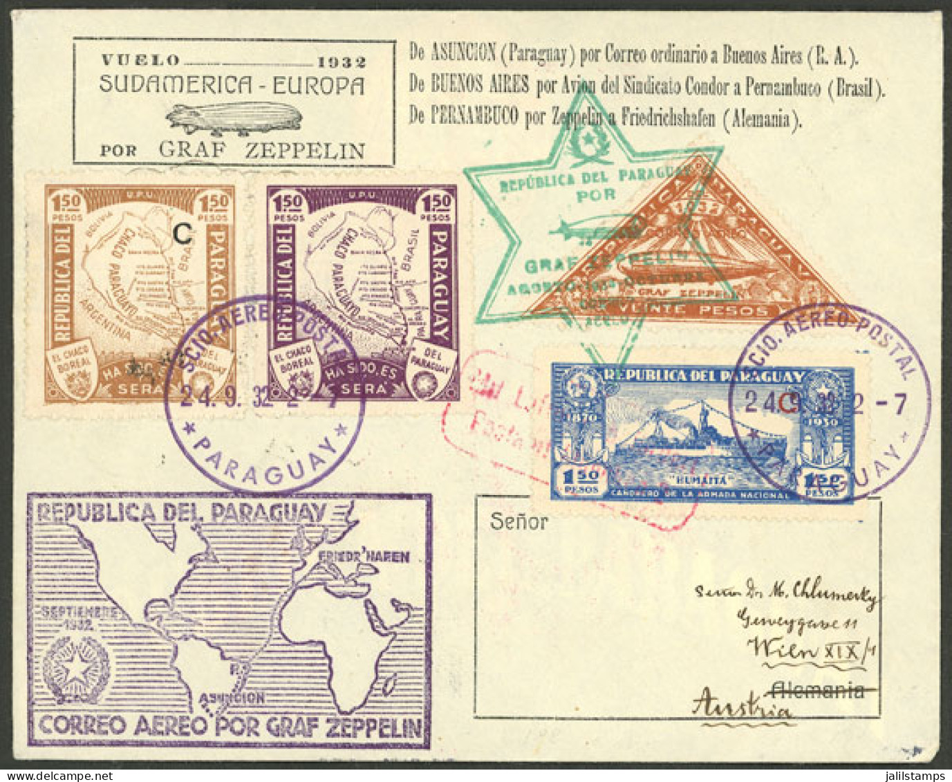 PARAGUAY: 24/SE/1932 Asunción - Austria, Registered Airmail Cover Sent Via Zeppelin With Attractive Franking, Special Ha - Paraguay