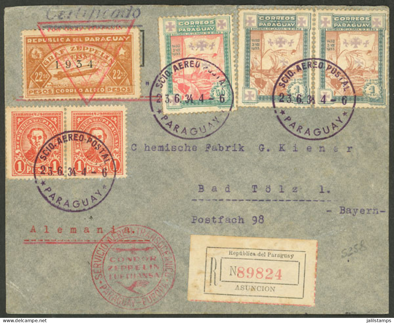 PARAGUAY: 23/JUN/1934 Asunción - Germany, Registered Airmail Cover Sent By Zeppelin, On Back There Is A Transit Mark Of  - Paraguay