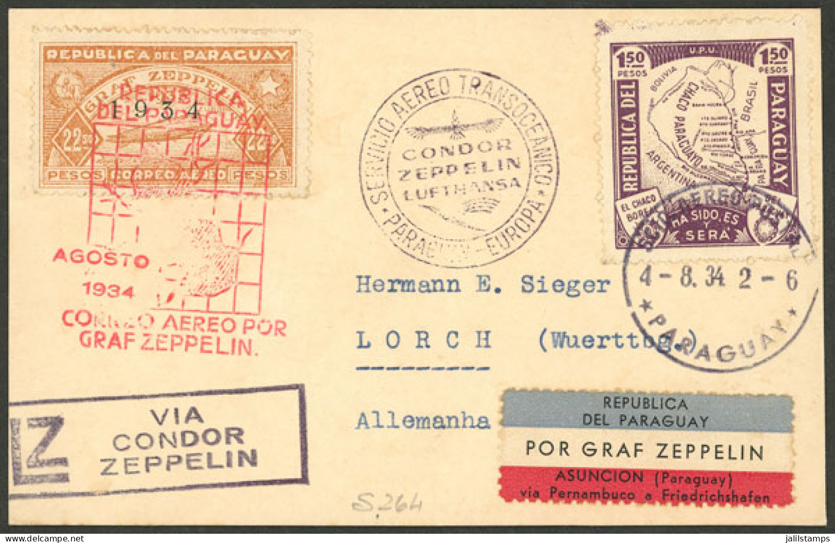 PARAGUAY: 4/AU/1934 Asunción - Germany, Card Sent By Zeppelin, On Back There Is An Arrival Mark Of Friedrichshafen 14/AU - Paraguay